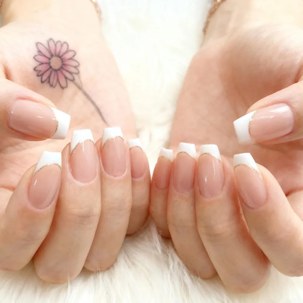 

24Pcs Glossy Natural French Press On Fake Nails With Jelly Glue Artificial Short Ballerina Coffin False Nail DIY Manicure Tool