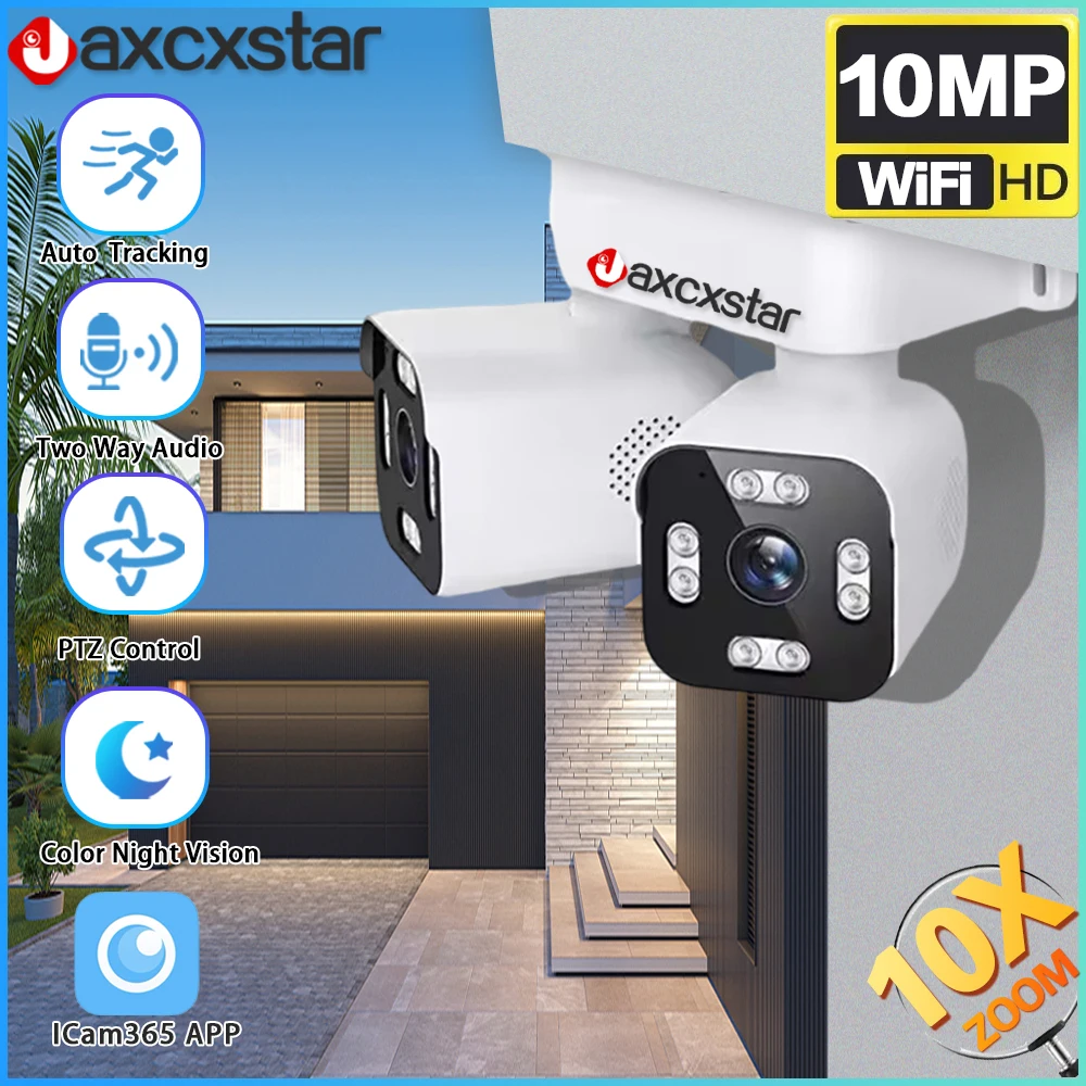 10mp 5K Outdoor Wifi Ptz Camera 10x Zoom Dual Screen Ai Auto Tracking Ip Videobewakingscamera Cctv Twee Weg Audio