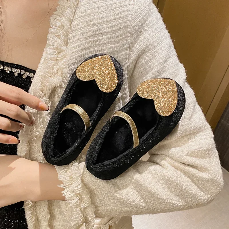 Girls Shoes 2023 Winter Kids Fashion Brand Mary Jane Dress Dance Ballet Princess Flats Toddler Warm Fur Heart Glitter Soft Sole