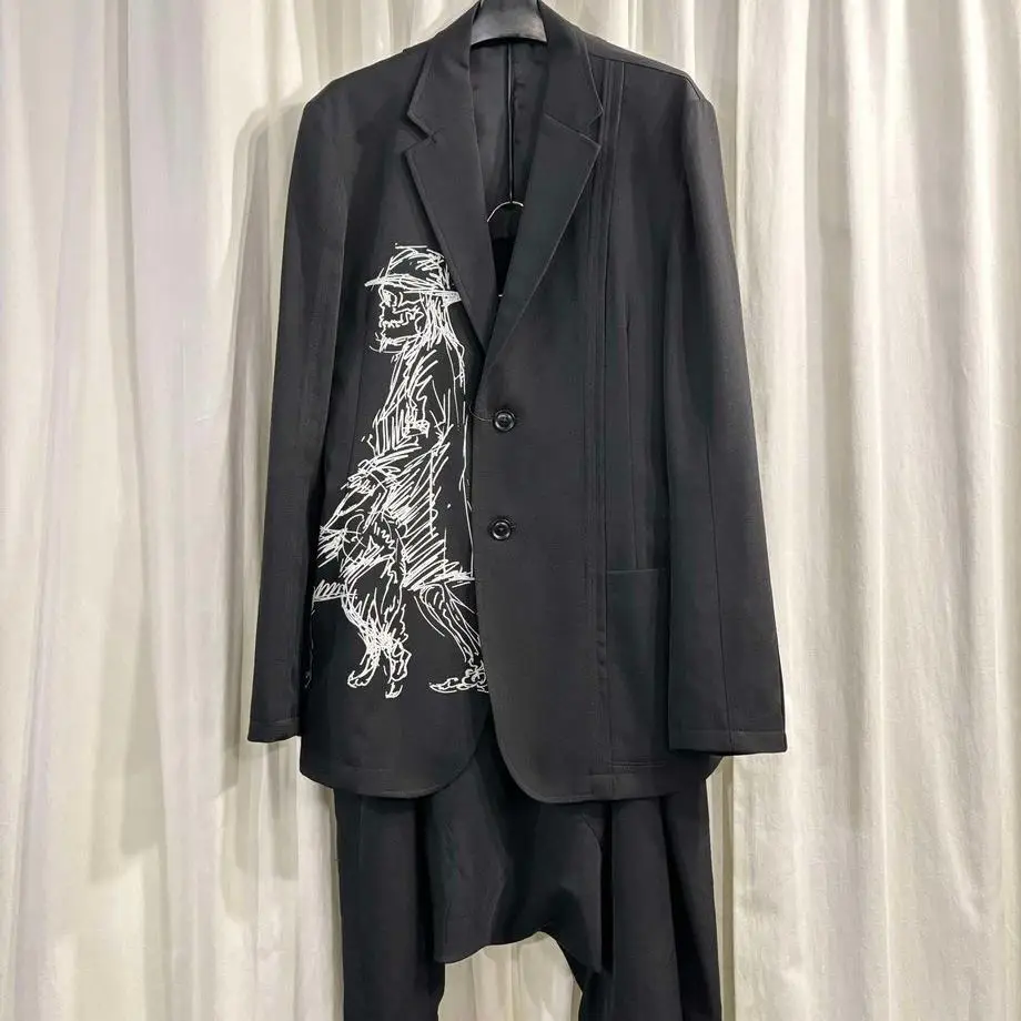 TOP-YAMAMOTO® Black Hand-Painted Print Tailcoat Men's Cashmere Dog-Walking Wool Suit Jacket Limited Edition