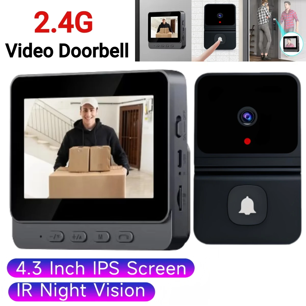 Campanello wireless 2.4G con display da 4,3" e telecamera spioncino digitale impermeabile per visione notturna IR + citofono Smart Home