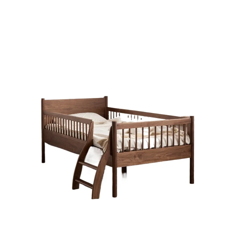 

North American black walnut children's bed with guardrail boys and girls 1m 2 full solid wood crib