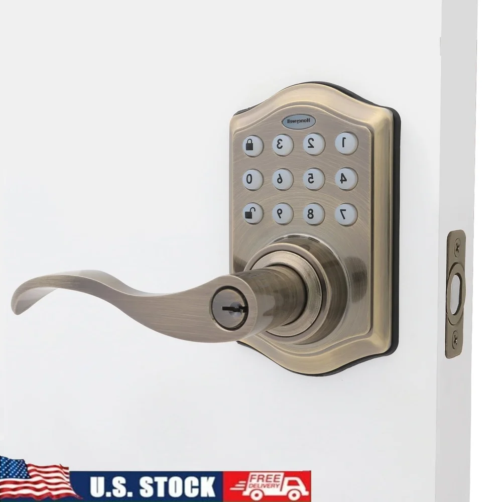 

Electronic Keyless Entry Lever Door Lock with 50 User Codes Vacation Mode Bump Protection Easy Installation Antique Brass Finish