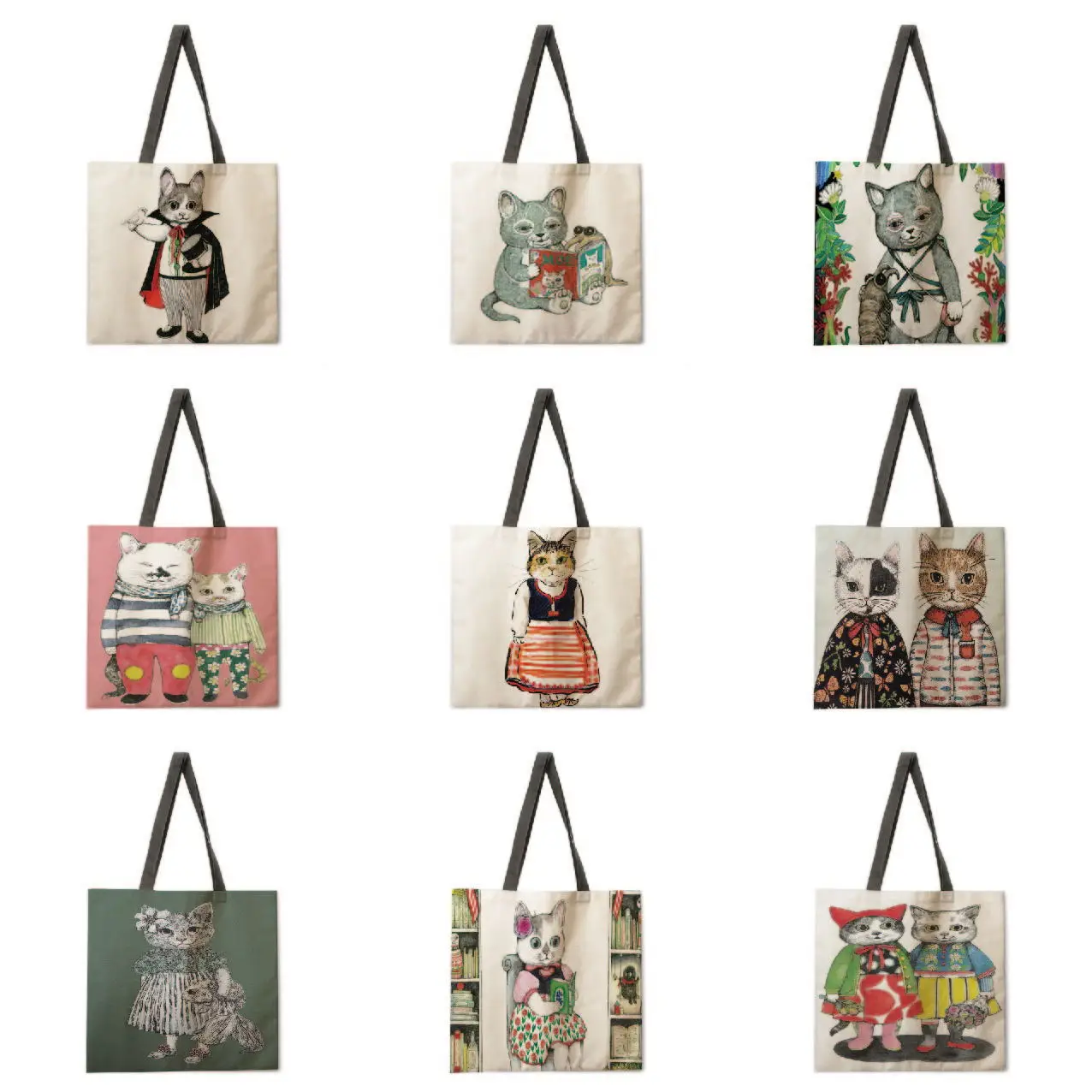 

Japanese illustration cat linen bag handbag light shoulder bag large capacity eco-friendly shopping bag tote bag