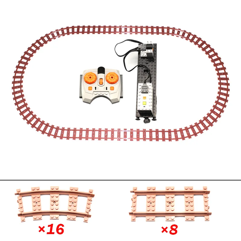 Klocki MOC City, pociągi zdalnie sterowane, elastyczne części, kolejki, zakrzywione i proste torowe, klocki konstrukcyjne, akcesoria do modeli, zabawki dla dzieci.