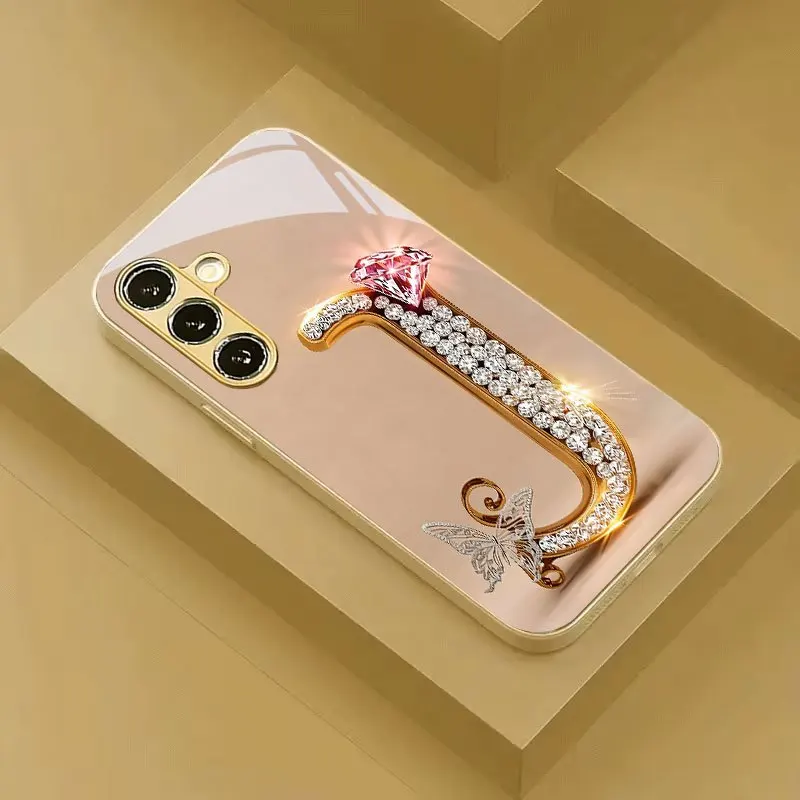 Gold letter "J" pattern electroplated glass phone case for Samsung Galaxy S26 S25 S24 S23 S22 S20 FE/Ultra/Plus anti drop Cover