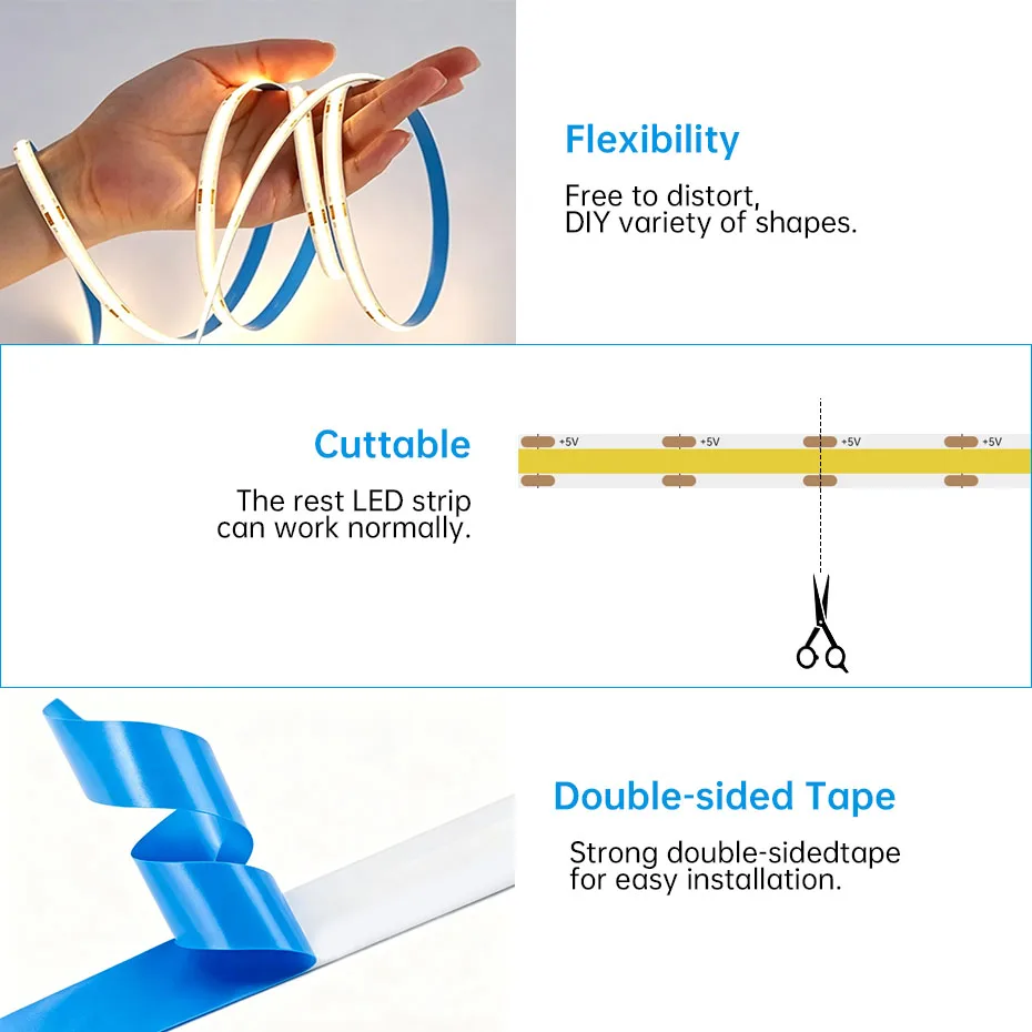 COB LED Strip 5V USB 320LEDs/m 3Key Dimmer 1m-5m 8mm High Density Flexible Tape Adhesive for TV Room Kitchen Stairs Shelf view 5