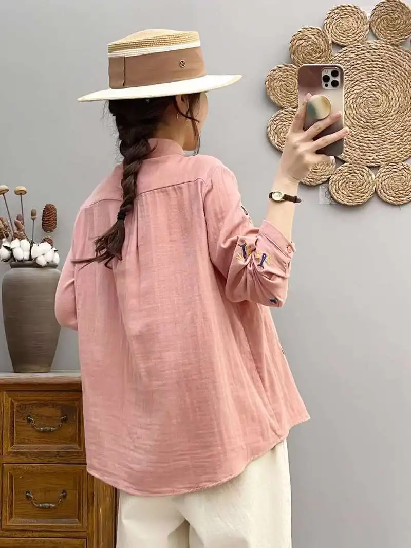 New Fall Cotton Yarn Long Sleeve Shirts, Women Lapel Embroidery Top, Mori Girl Casual Retro Loose Blouses, 2024 Winter T48749QC