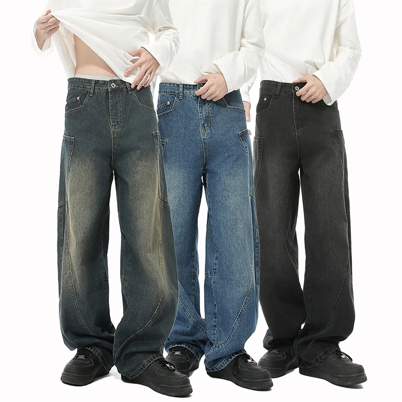Men's Korean-style structure divided-line three-dimensional curved-edge pocket workwear jeans