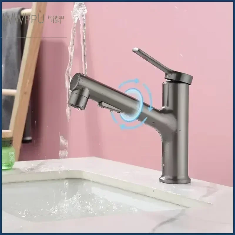 WWPPU Single Handle Dual Hole Washbasin Faucet Three Function Stream Sprayer Bathroom Basin Faucet Pull Out Basin Sink Mixer Tap