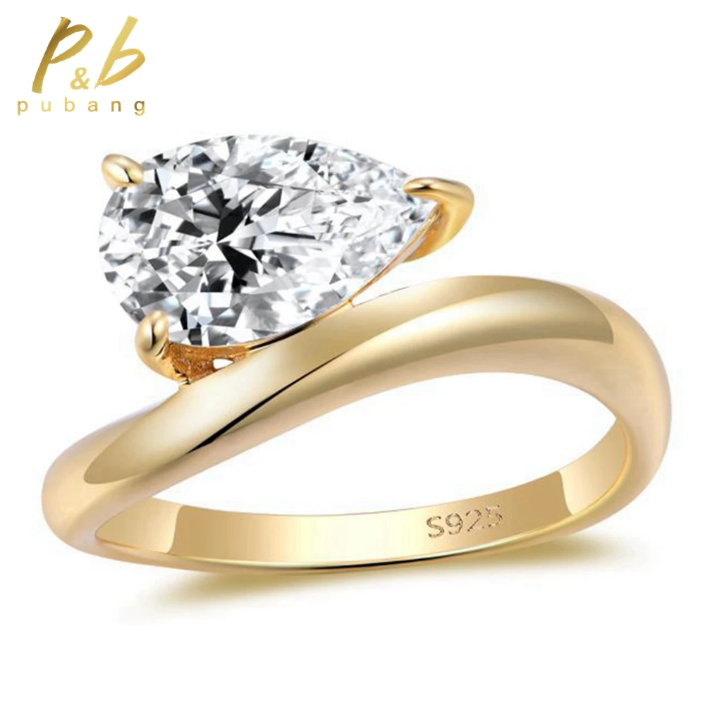 

PuBang Fine Jewelry Sparkling 925 Sterling Silver Pear 7*10MM Moissanite Diamond 14K Yellow Gold Ring for Women Anniversary Gift