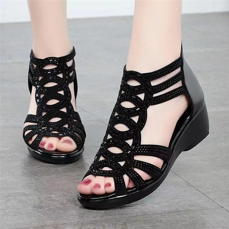 Soft Leather Roman Sandals Shoes For Women Summer Mother Wedges Heel Femme Sandalias Sandalet Sandalen Damen Zapatos Mujer 2023