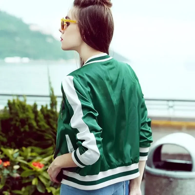 Fashion Bomber Jacket for Women Green Short High Quality Korean Reviews Clothes Baseball Aviator Coat Woman Long Sleeve Harajuku