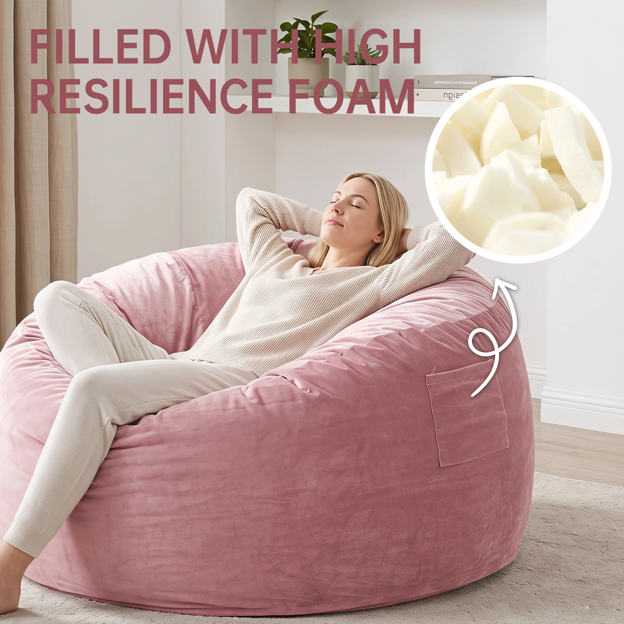 TUAREX Large 4FT Memory Foam Bean Bag Chair with Filling, Thick Dutch Velvet Washable Cover, Comfy Bean Bag for Adults Teens Bedroom Living Room image 6