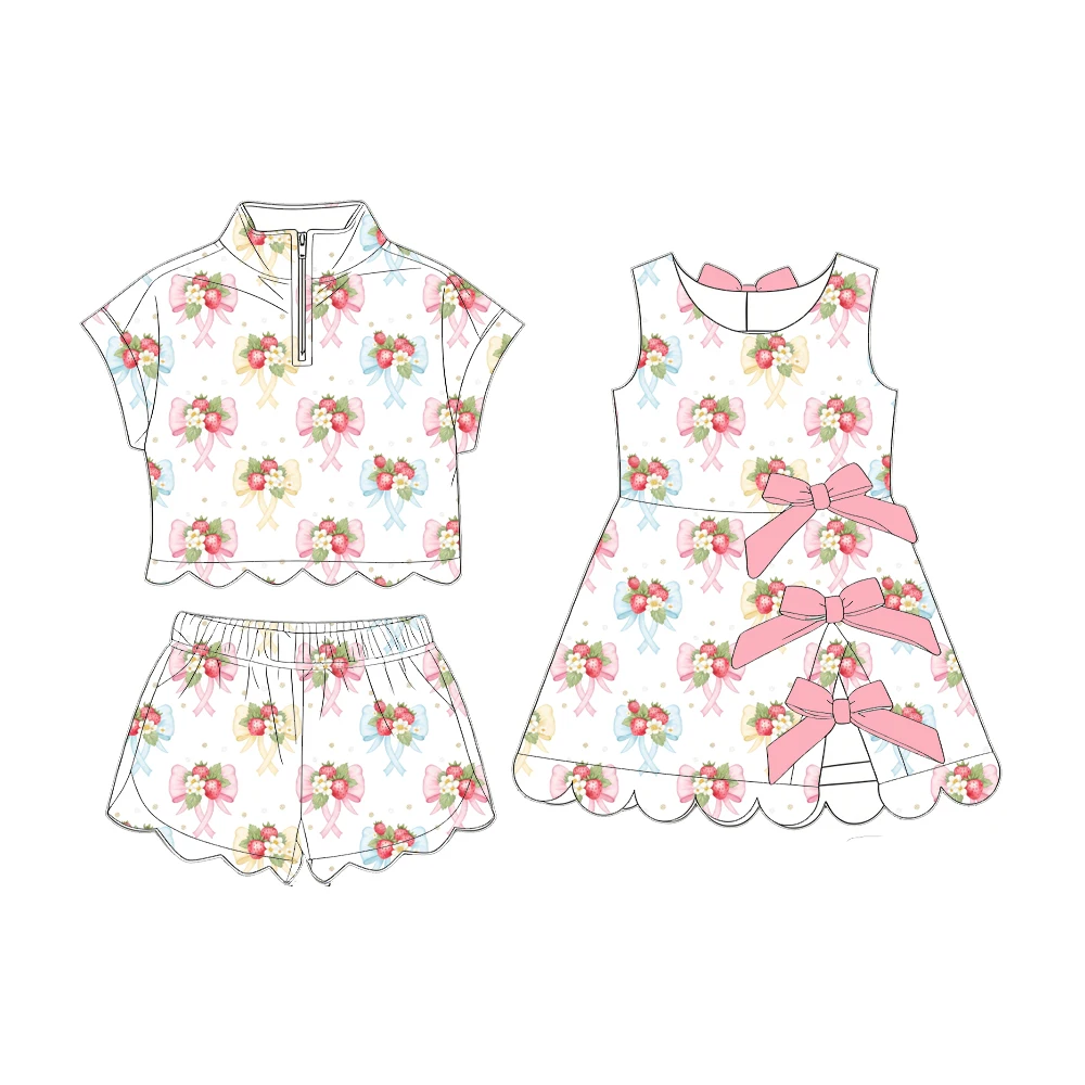 Strawberry Bow Print Half-zip Short-sleeved Shorts with Wavy Hem Girls Summer Boutique Set and Dress