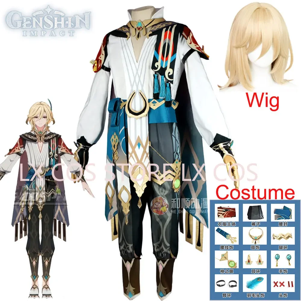 Kaveh Cosplay Costume Wig Genshin Impact Cloak Uniform Outfit Blonde Hair Earrings Hairpin Sumeru for Men Women Game Party Cos