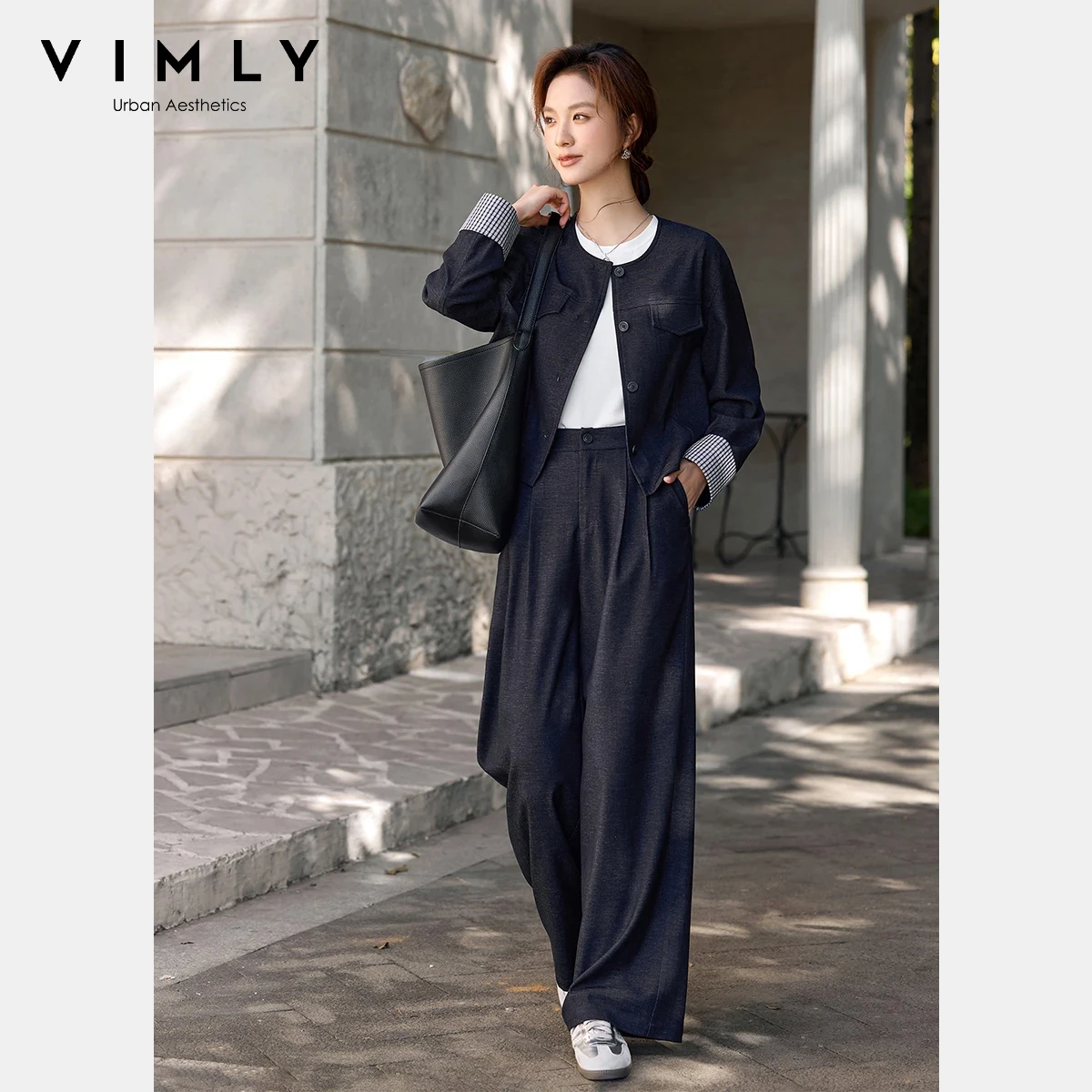 

VIMLY Women's Elegant Office Suits 2 Piece Pant Sets Outfits 2026 Spring Fall Blue Contrast Short Jacket Wide Leg Pants A3800