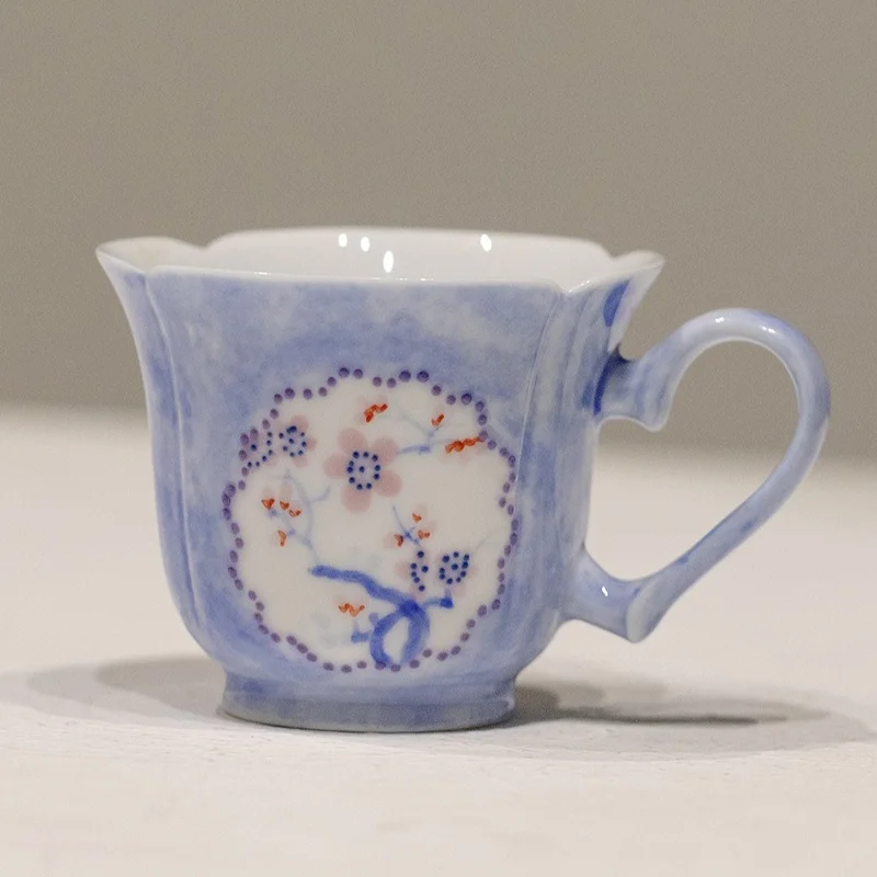 Hand‑Painted Yuni Porcelain Cup With Cut‑Out Snow Plum & Side Handle, Household Ceramic Mug, Kung Fu Master Cup for Tea & Coffee