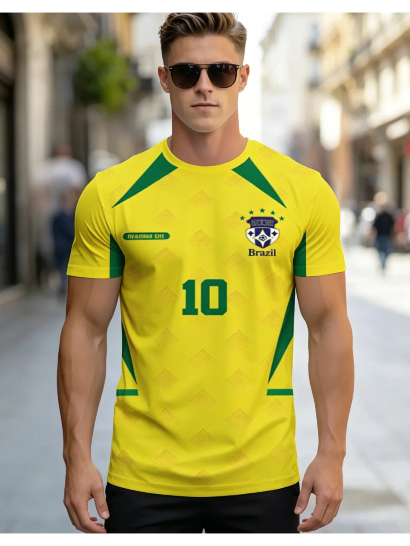 Men Brazil Football Themed T‑Shirt Yellow Green Geometric Panel Number 10 Badge Print Soccer Fan Short Sleeve Top