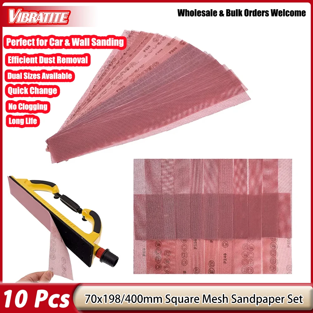 10 Pcs 70*198/420mm Square Mesh Sandpaper Set Hook&Loop For Metal Wood Car(80-800Grit)