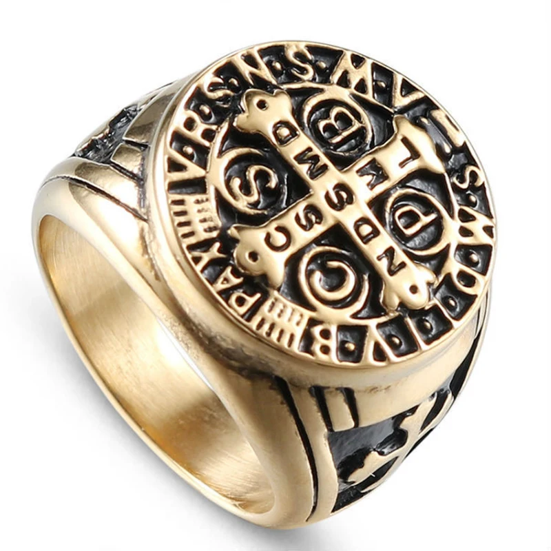 Religious St. Benedict Cross Ring Antique Silver Plated Metal Retro Catholic Exorcism Church Men Jewelry Accessories Gifts