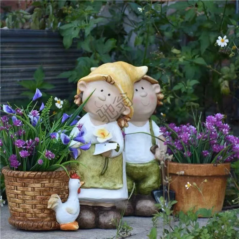 Outdoor Garden Courtyard New American Rural Pastoral Simulation Lovely Boys and Girls Flowerpot Decoration Garden