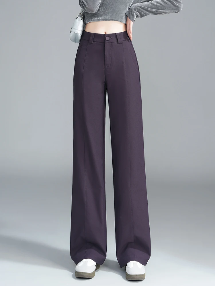 

Женские брюки с высокой талией и широкими штанинами, весенне-осенние, фиолетовые, приталенные, повседневные, свободные, струящиеся, прямого кроя, для офиса