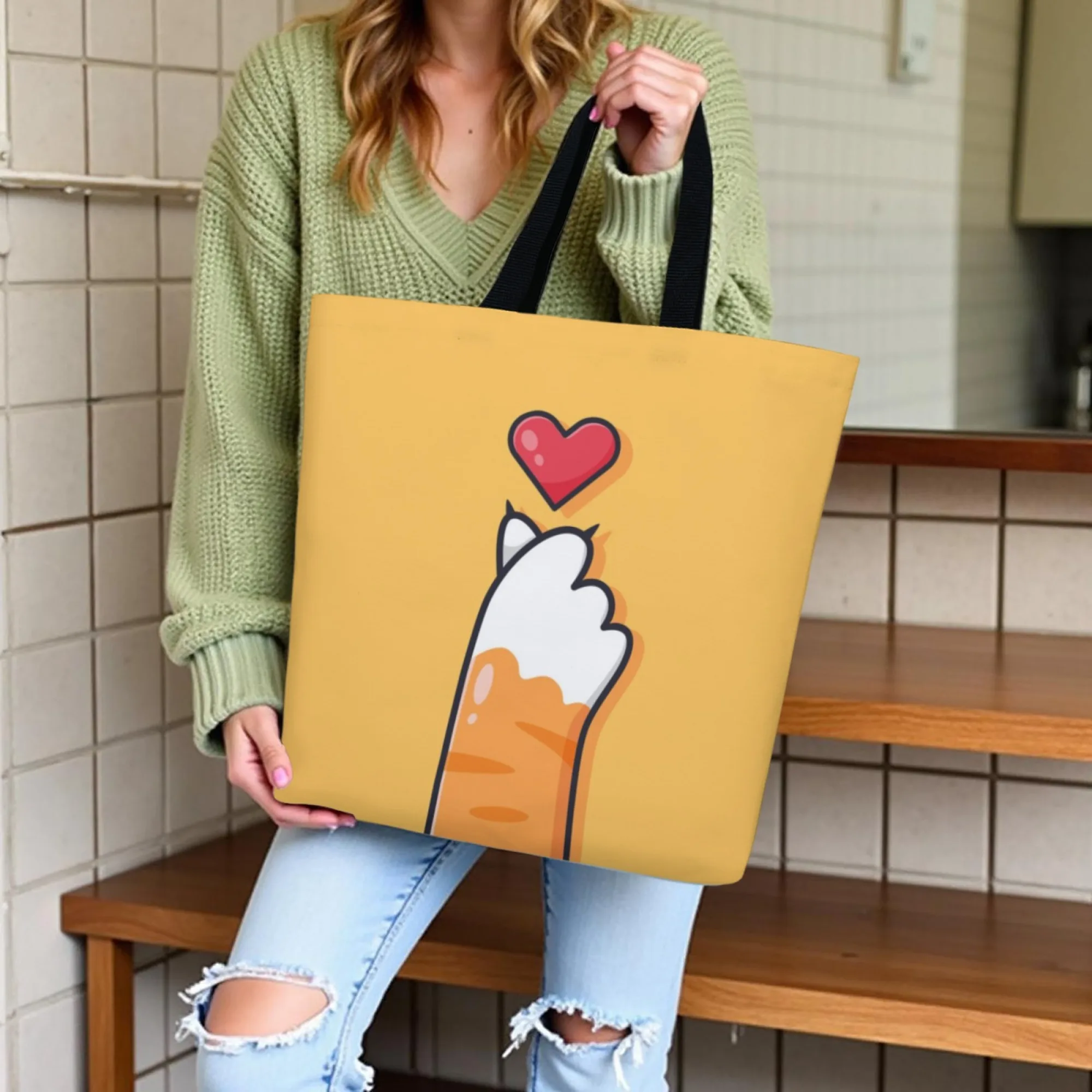 

Новая сумка-тоут Kawaii Cat Paw, кошачья рука с принтом сердца, женская стильная сумка для покупок, идеально подходящая для милых трендовых фанатов