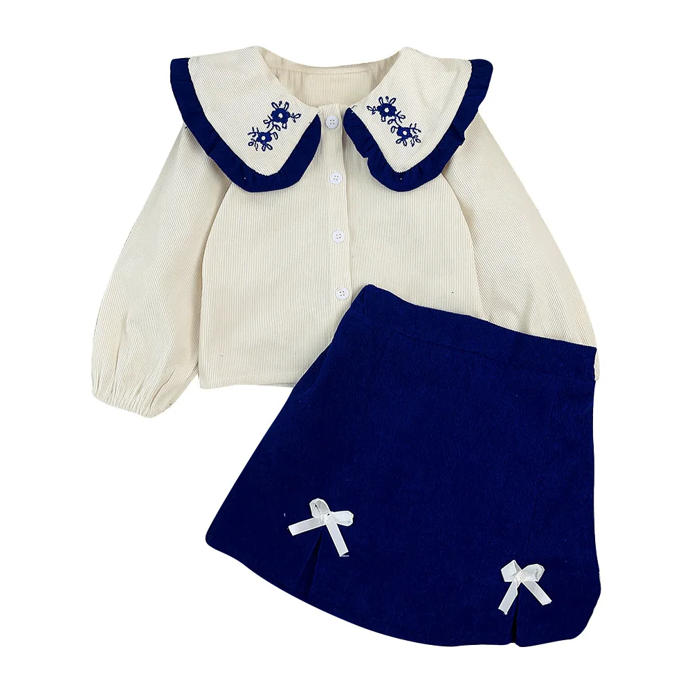 

2025 Autumn New Baby Girls Set Solid Color Kids Collar Embroidered Top+Short Skirt 2PCS Suit for Children's Clothing Outfits