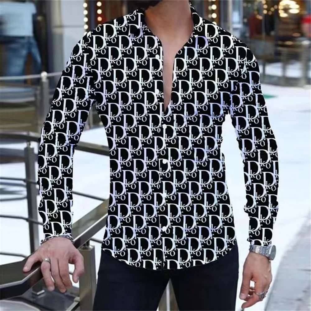 Camisa informal de manga larga para hombre, camisa con estampado 3D de letras, botón de marca, Fiesta en la playa, moda de verano, nueva