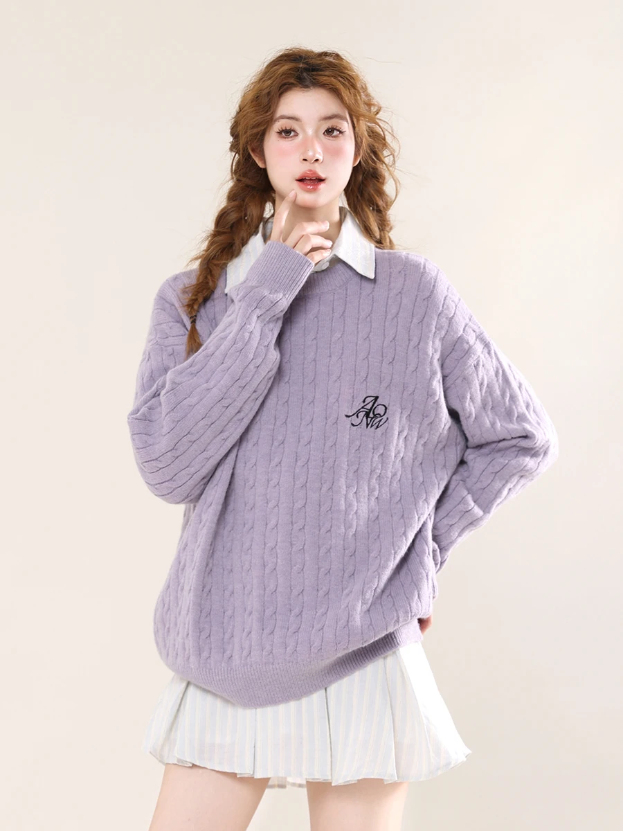 

Свободный вязаный свитер, женский повседневный универсальный длинный свитер с вышивкой букв, ленивый трикотаж с закручиванием, осенняя мода, женская одежда...