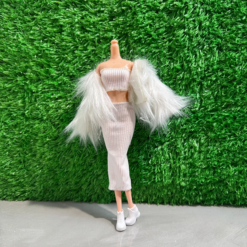 1세트 30CM 인형 옷 패션 퍼 코트 + 가슴부분 + 허리부분 스커트 세트 패션 1/6 인형 드레스업 의류 액세서리 놀이집 장난감