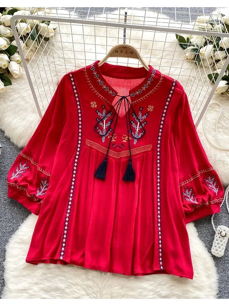 Women Summer Blouse French Vintage Art Lantern Long Sleeve Pullover Shirt Versatile Casual Loose and Slim Embroidery Top D4568