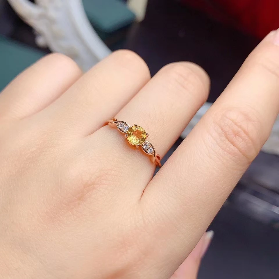 Solid 925 Silver Citrine Ring 5mm VVS Grade 0.5ct Natural Citirne Ring for Daily Wear 3 Layers 18K Gold Plated Crystal Jewelry