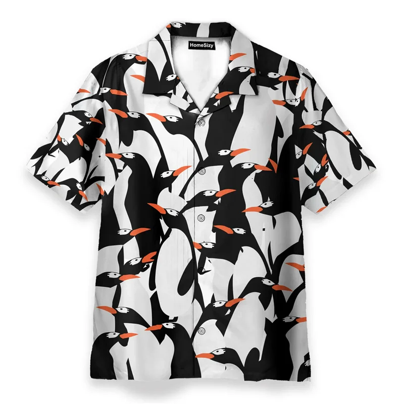 Farm Animals Dairy Cow Print Leisure Shirts for Men Cute Black White Panda Penguin Lapel Button Shirts Summer Fashion Asian Size
