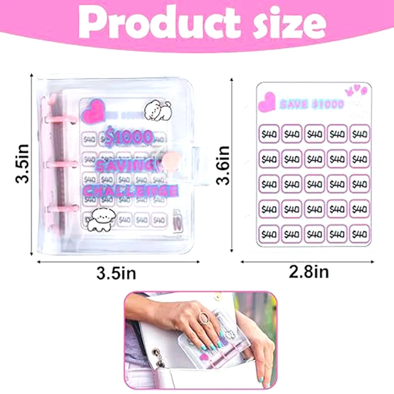 1000 Savings Challenge Mini Binder With Envelopes, Storage Budgeting Binder Budget Book Cash Saving Challenge Box Kit Durable
