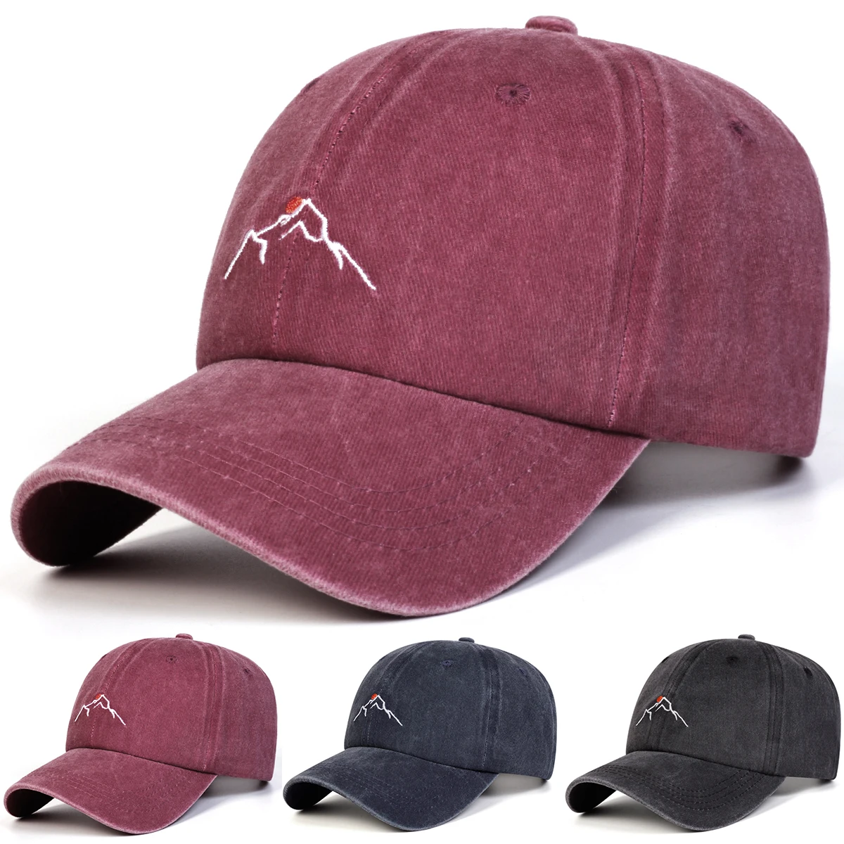 Unisex Mountain Washed Denim Baseballkappen mit Stickerei für Frühling und Herbst, Verstellbare Freizeithüte, Sonnenschutzhüte, Sportkappen