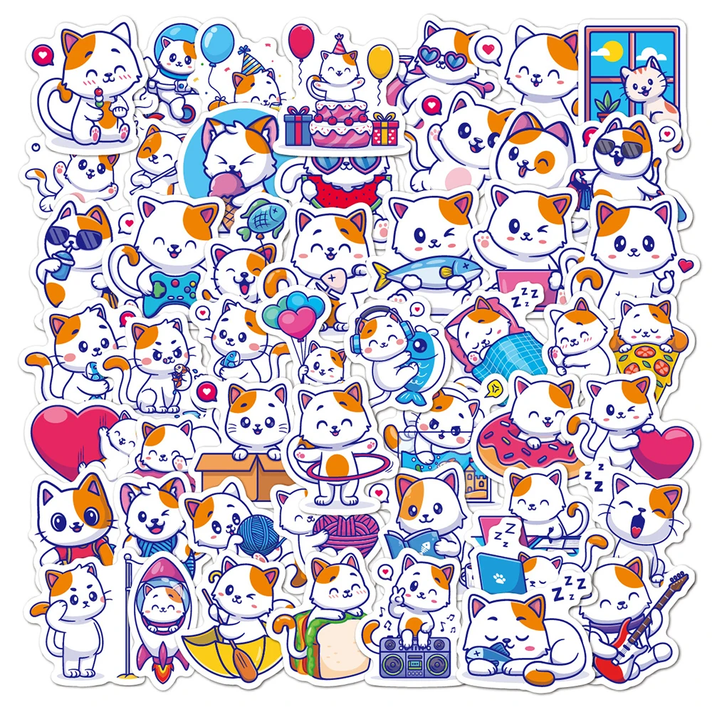 

10/30/50pcs Kawaii Cat Cartoon Sticker Cute Animal Decals Kids Toys DIY Laptop Scrapbook Stationary Guitar Suitcase Car Sticker