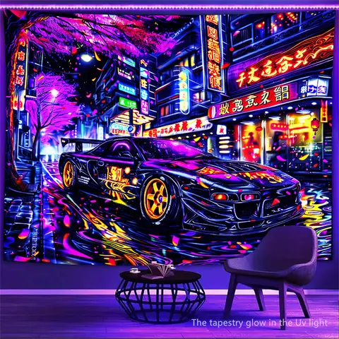 레이싱 UV 블랙 라이트 형광등 태피스트리 룸 장식 네온 조명 애니메이션 자동차 미적 벽 매달려 파티 장식 배경 천