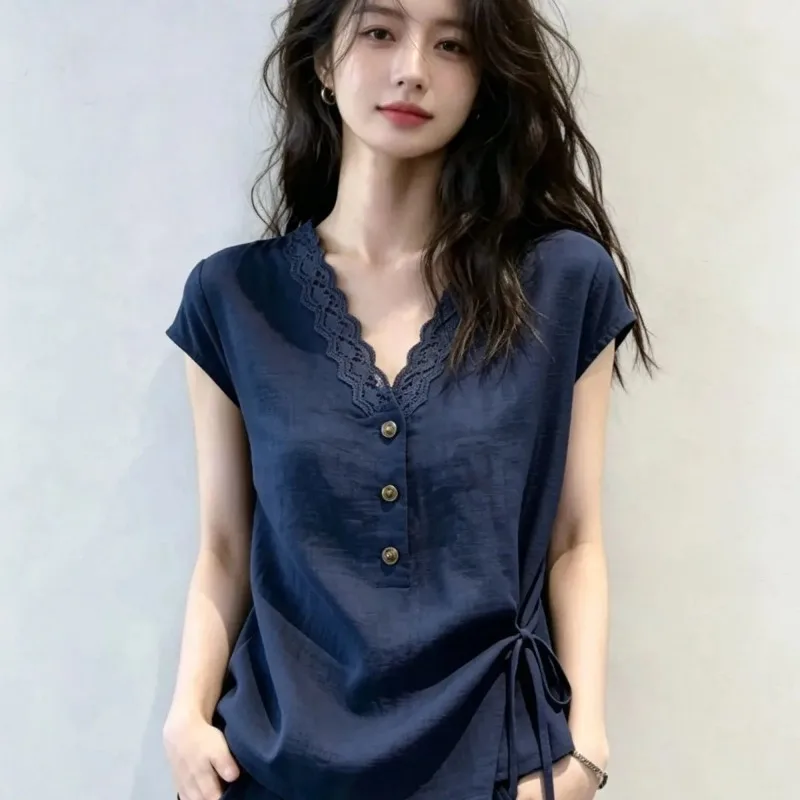 New 2026 Summer Short-sleeved High-grade Women's Casual T-shirt Version Be All-match V-neck Lace Ladies Elegant Shirt