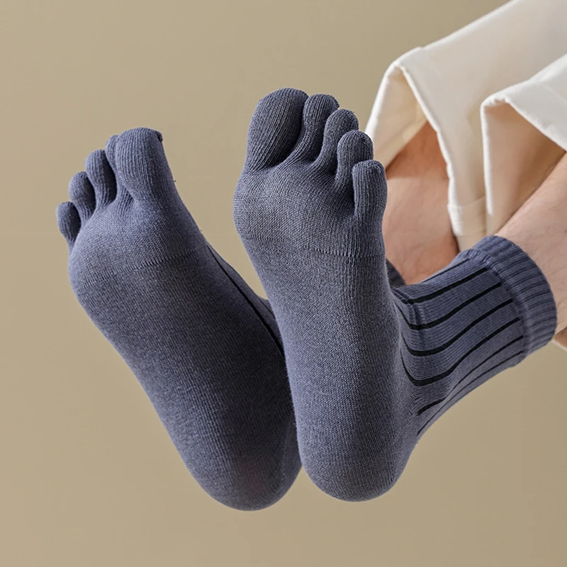 5 Pairs Man Business Five Finger Socks Cotton Mid-tube Vertical Striped Toe Sock Solid Color Casual Sweat-absorbing 5 Toed Socks