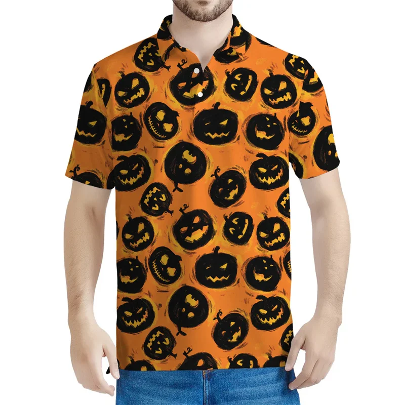 Polo stampata in 3D di Halloween per uomo maglietta a maniche corte con motivo a zucca pipistrello magliette con risvolto t-Shirt Casual con bottoni Streetwear