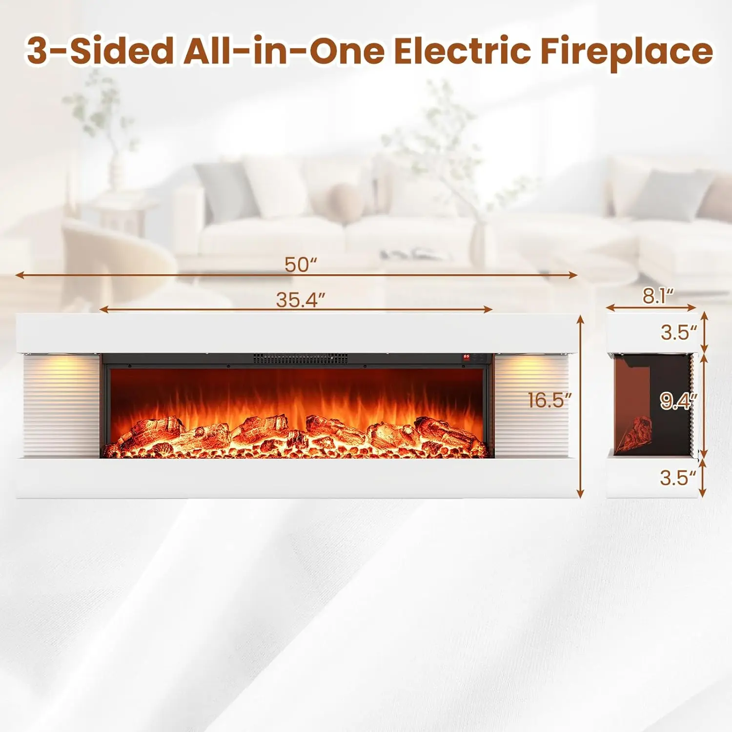 50 Inch Wall Mounted Floating TV Stand with 3-Sided   Fireplace Insert Adjus  Flame LED Remote Timer 750W 1500W Custo
