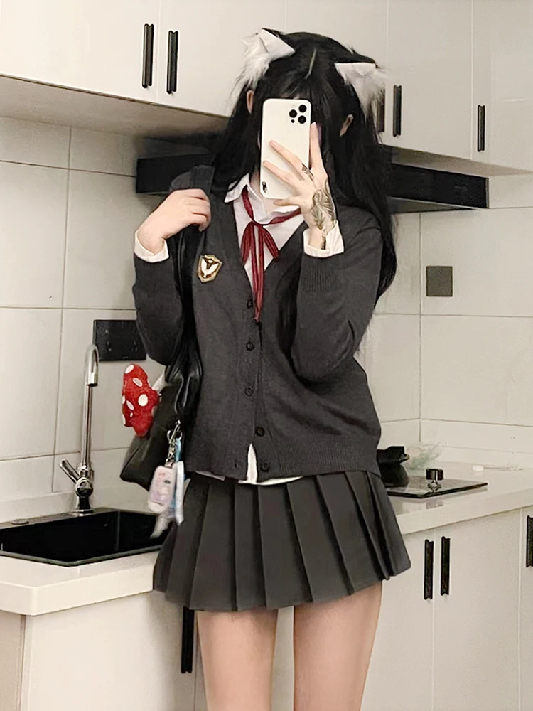 

Grey Sweater Cardigan College Style JK Uniform Set Autumn Thin Women's Top Loose Knitted Jacket Y2k Clothes
