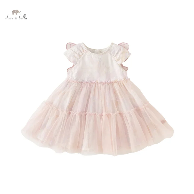 Dave Bella Girls Princess Dress 2024 New Summer Children's Baby Sleeveless Mesh Cute Sweet Charm Party Butterfly Wings DB2240414