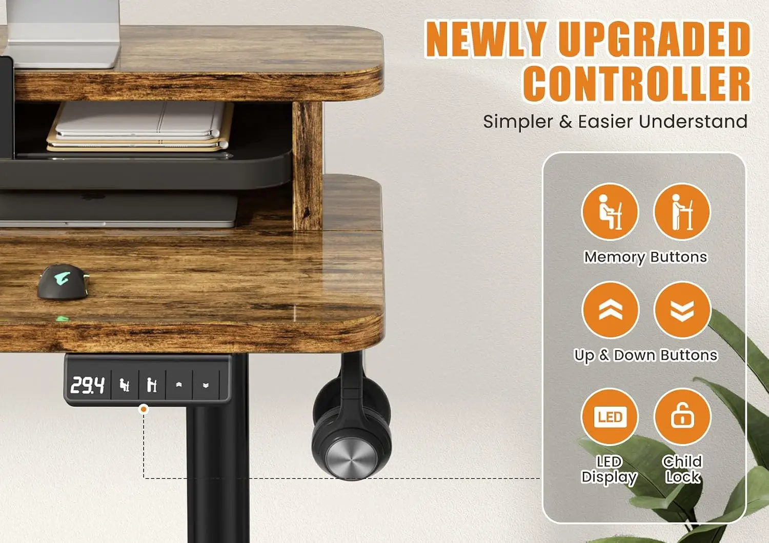 Electric Standing Desk Height Adjustable Dual Monitor Stand Memory Controller Casters Hooks Home Office 55x24
