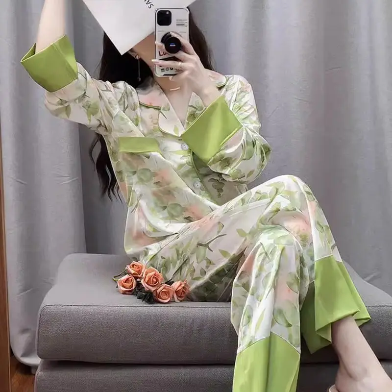 New Women's Long Sleeve Silk Loungewear Set Premium Green Flower Print Ice Silk Pajamas for Spring Autumn Soft Floral 2XL Size