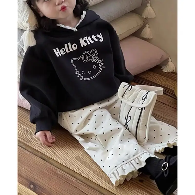 Kawaii Hello Kitty Sanrio Student Cute Cartoon Long Sleeve Hoodie Children Fleece Warm Sportswear Trouser Birthday Gift for Kids