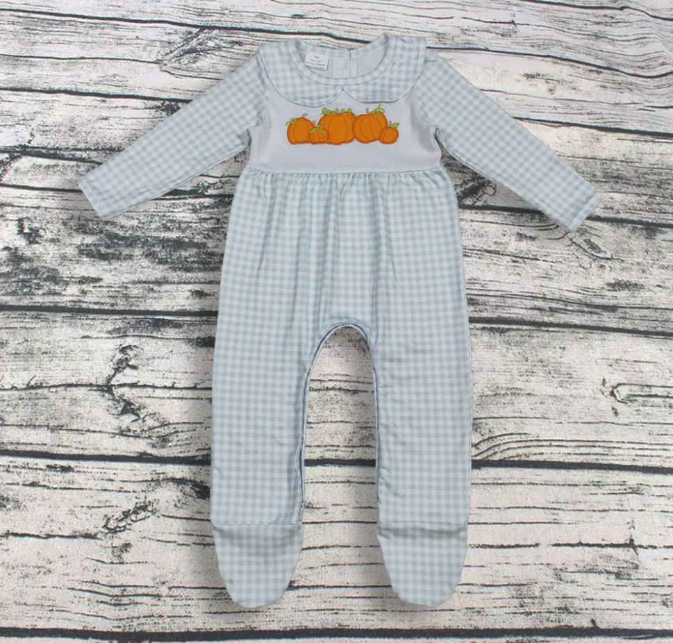 

Оптовая продажа, детский комбинезон с вышивкой тыквы, детский комбинезон для новорожденных, клетчатый комбинезон на пуговицах для мальчиков и девочек, боди на День Благодарения