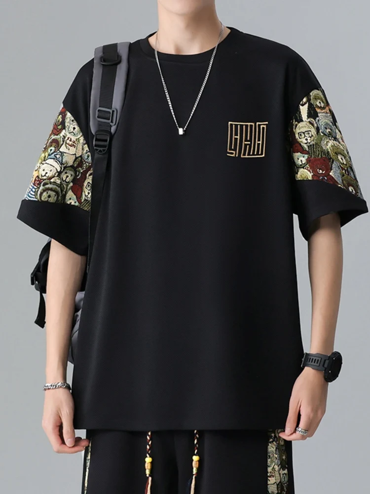 

Bear Short Sleeve Oversize T-Shirt Men's American Retro Embroidery Patchwork Half Sleeve Casual Top Breathable Summer Fashion